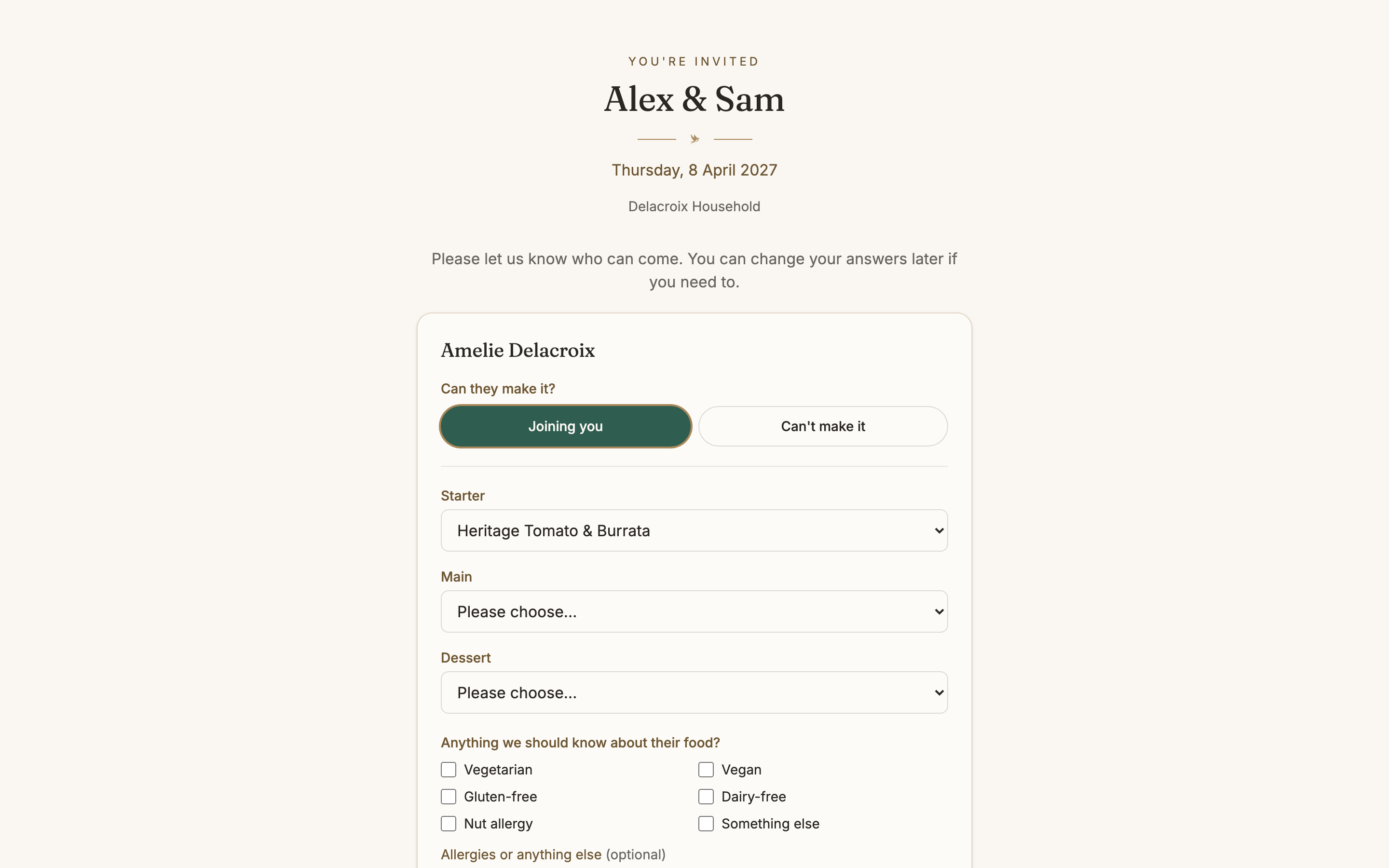 A guest's RSVP page for a wedding: the couple's names and date, a household name, and a card per guest with attending or not, a starter, main and dessert to choose, and dietary requirement tick-boxes.